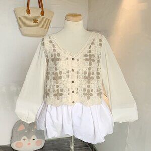 Cream Crochet Knit Button Up Vest